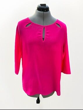 Everly Hot Pink 3/4 Sleeve Sheer Blouse With Cutout Detail Size Small